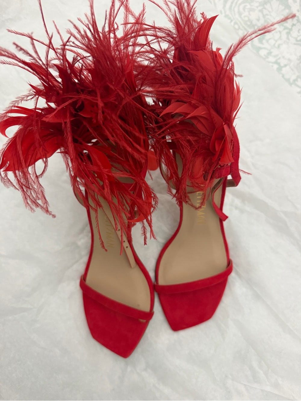 Stuart Weitzman Red Feather-Trim Strappy Heels